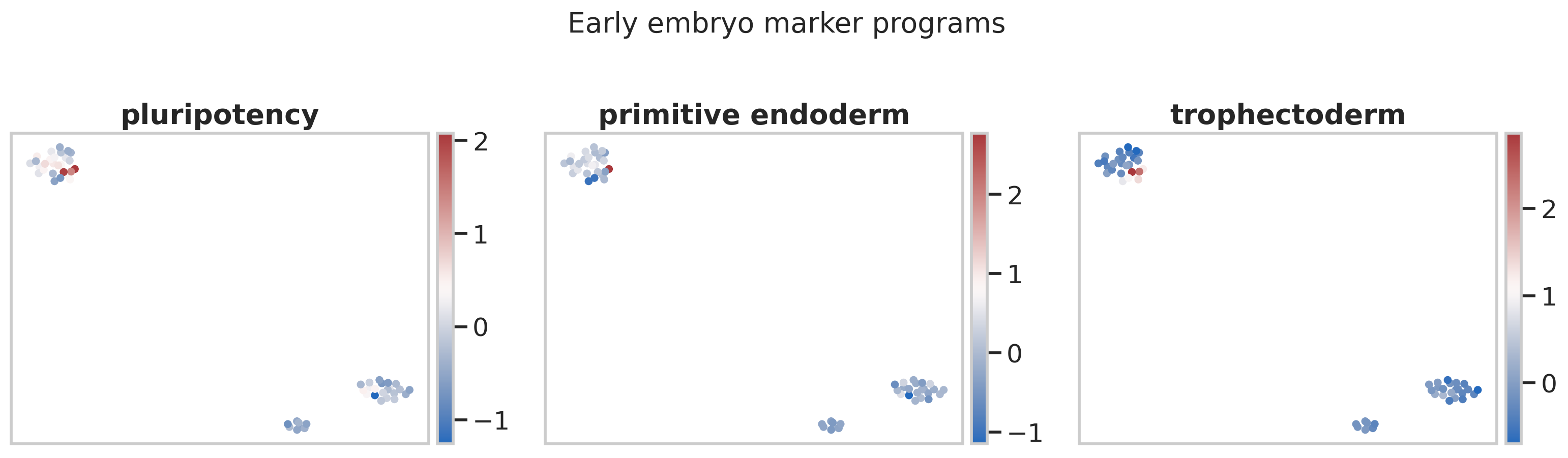 pluripotency、primitive endoderm 和 trophectoderm marker program 在 UMAP 上的分布。这里看的是连续 score，而