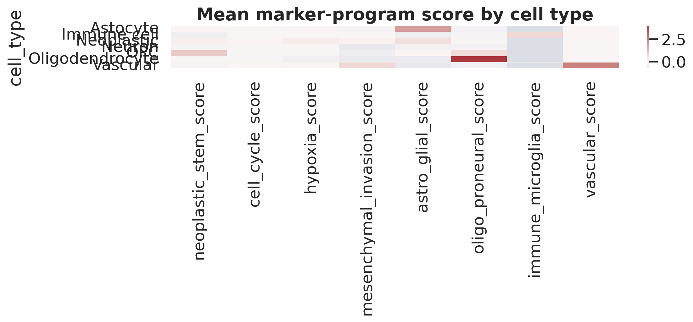 各 cell type 平均 marker-program score。该图帮助判断哪些 program 主要来自肿瘤细胞，哪些更可能来自微环境细胞。
