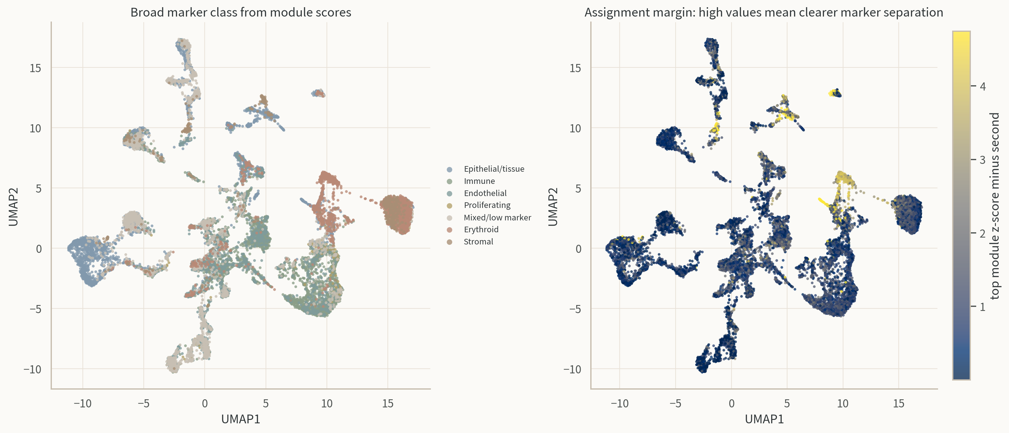 UMAP broad marker class and assignment margin.