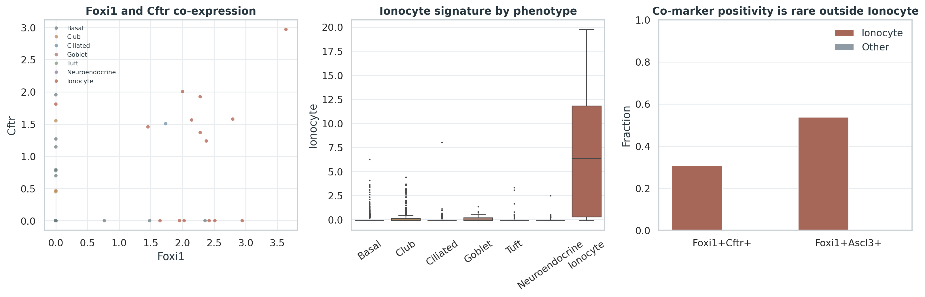 Foxi1/Cftr co-expression、Ionocyte signature 和 co-marker positivity。