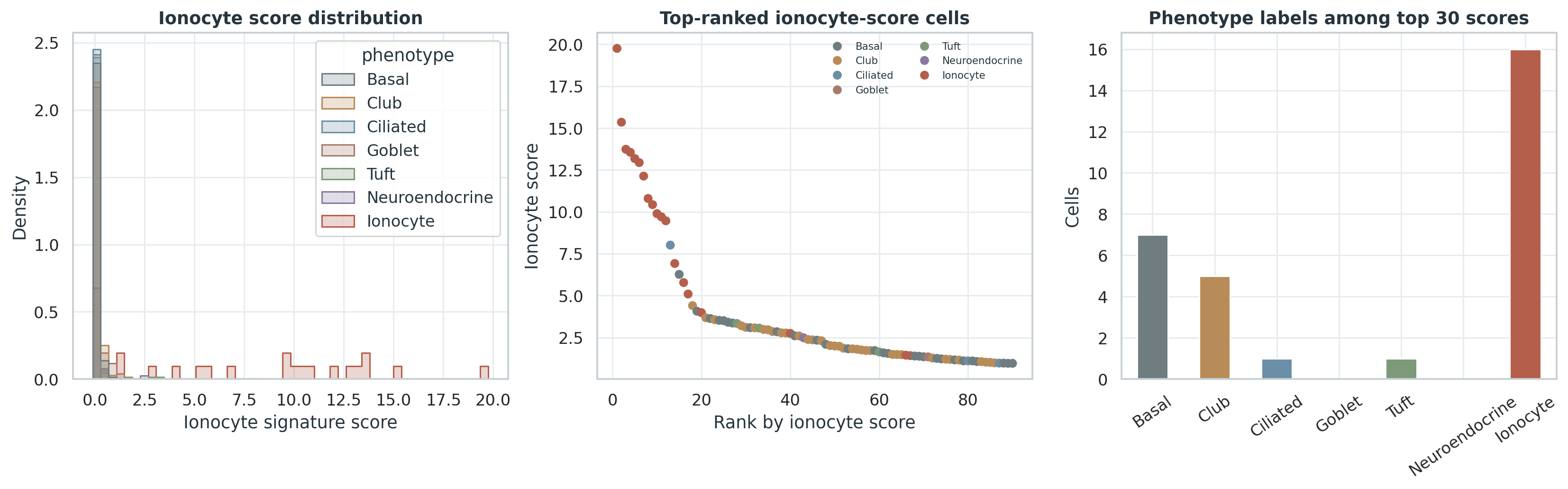 Ionocyte signature score 分布、top-ranked cells 和 top 30 phenotype 组成。