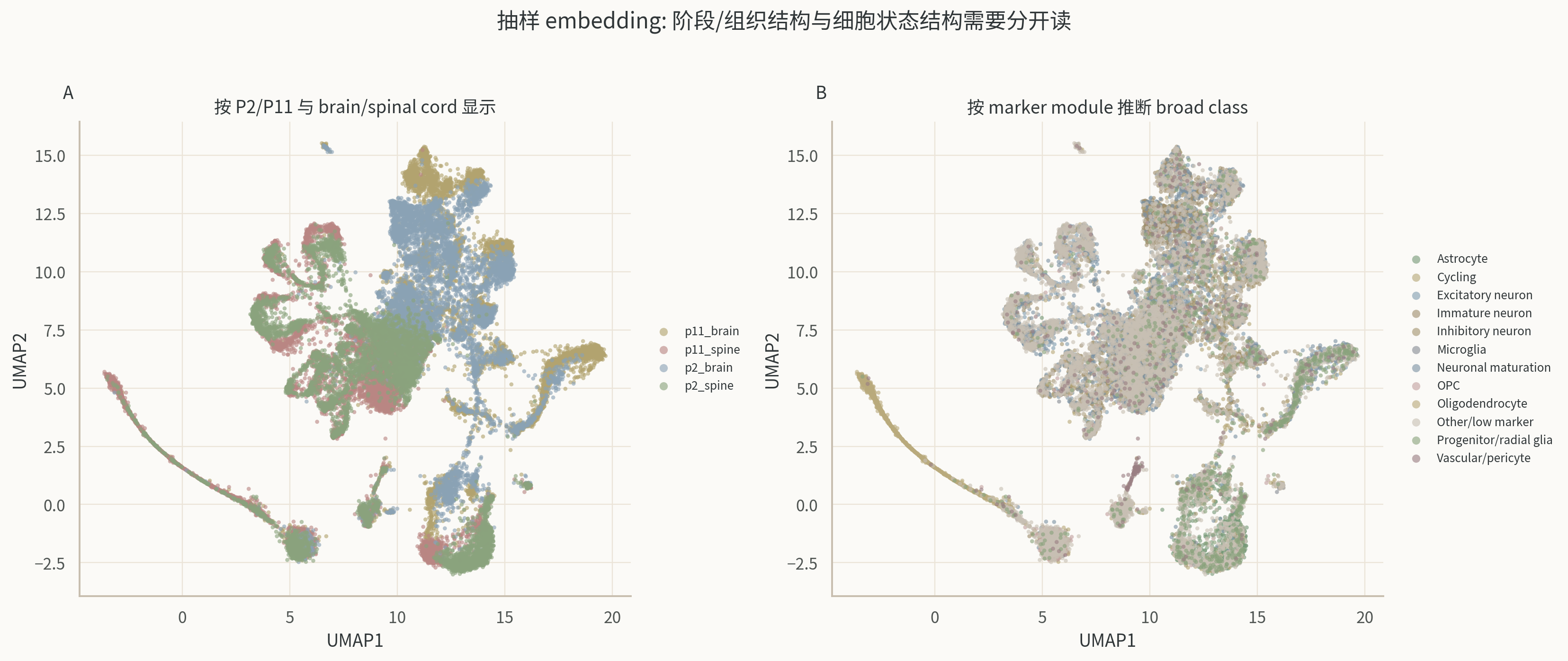 GSE110823 sampled UMAP by sample type and broad marker class。