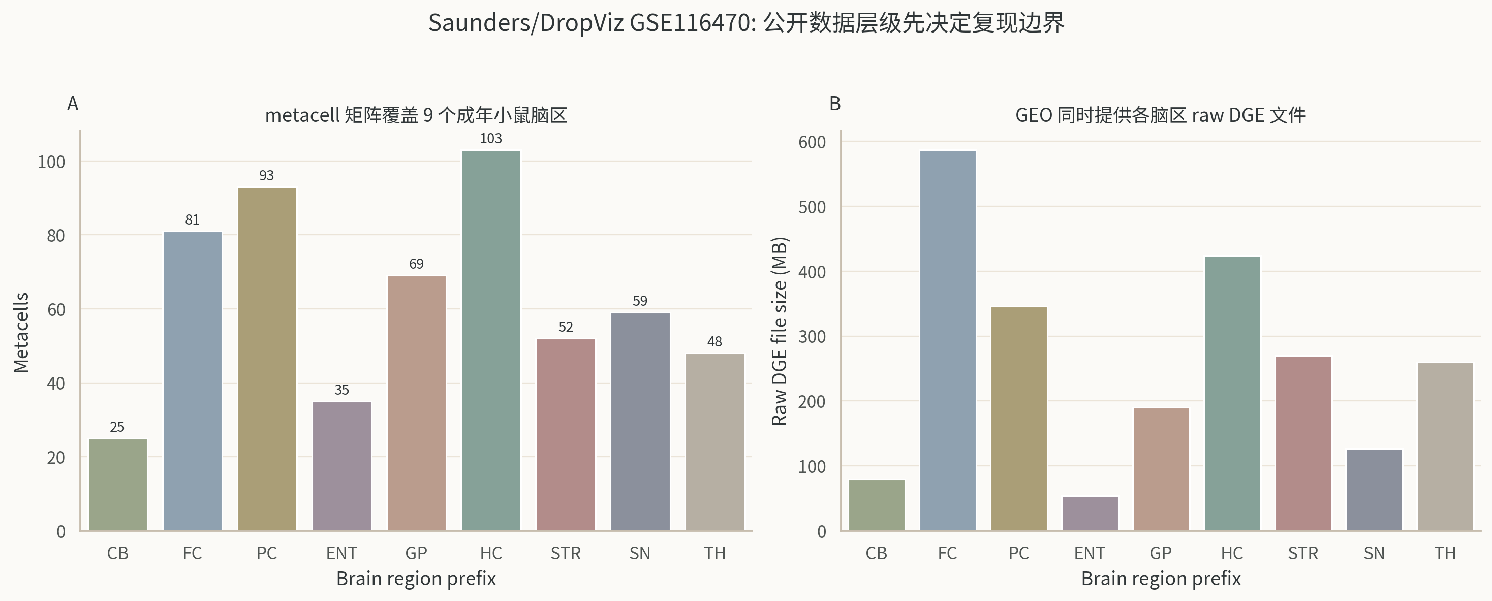 GSE116470 公开数据层级、metacell 脑区数量和 raw DGE 文件大小。