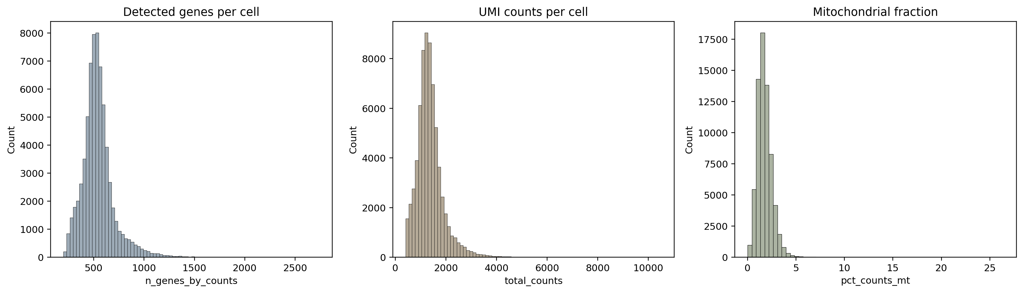 QC 概览：detected genes、UMI counts 与线粒体比例。